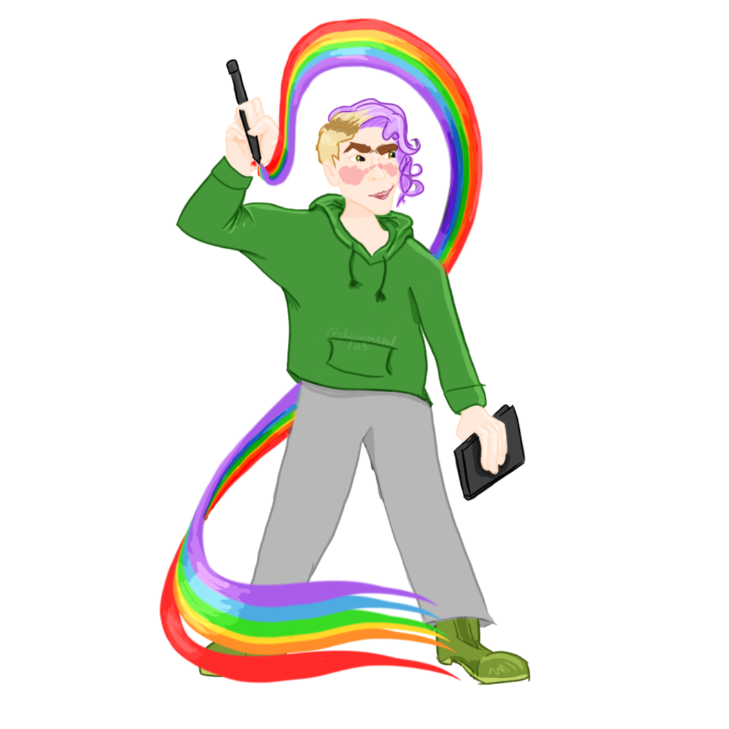 A self portrait of LB holding a pen with a rainbow spiral coming out of it behind them. They're wearing green combat boots, grey pants, and a green hoodie.